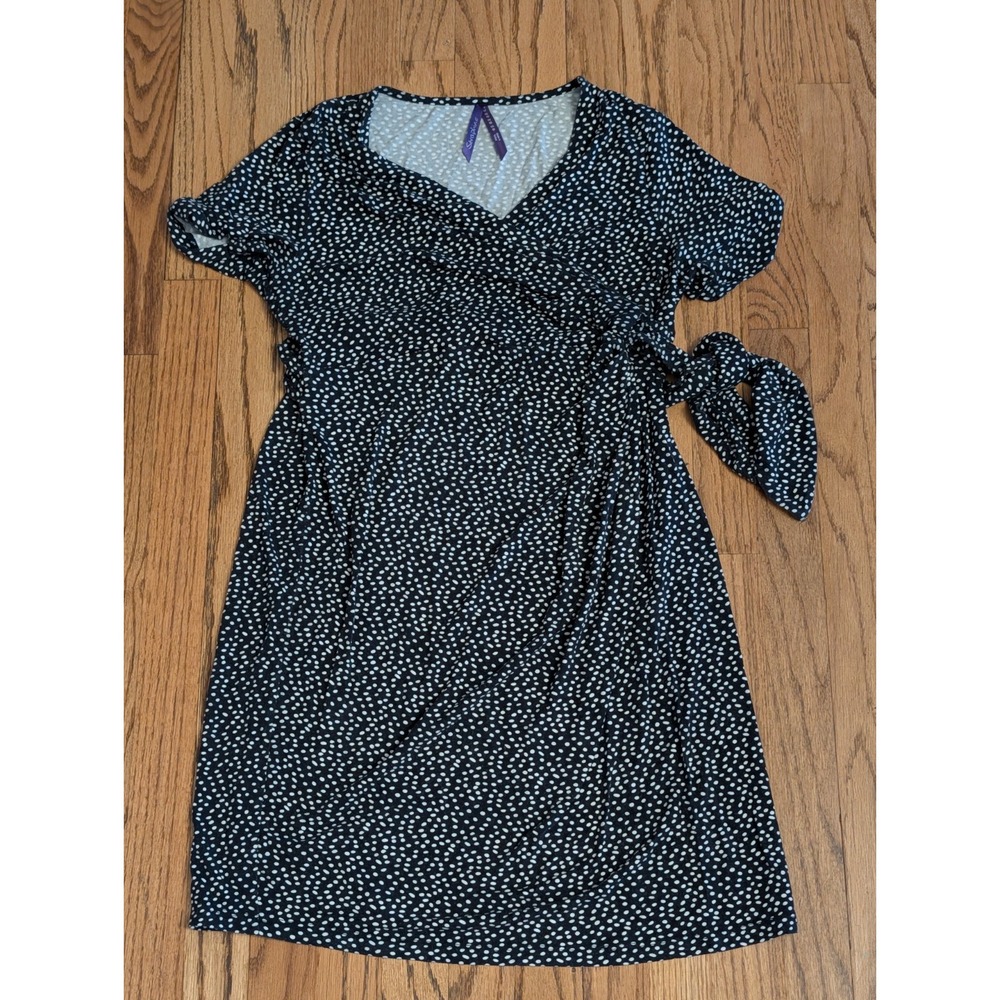 Seraphine Maternity Jersey Dress Black w/ Polka Dots V-Neck short Sleeve Sz 10